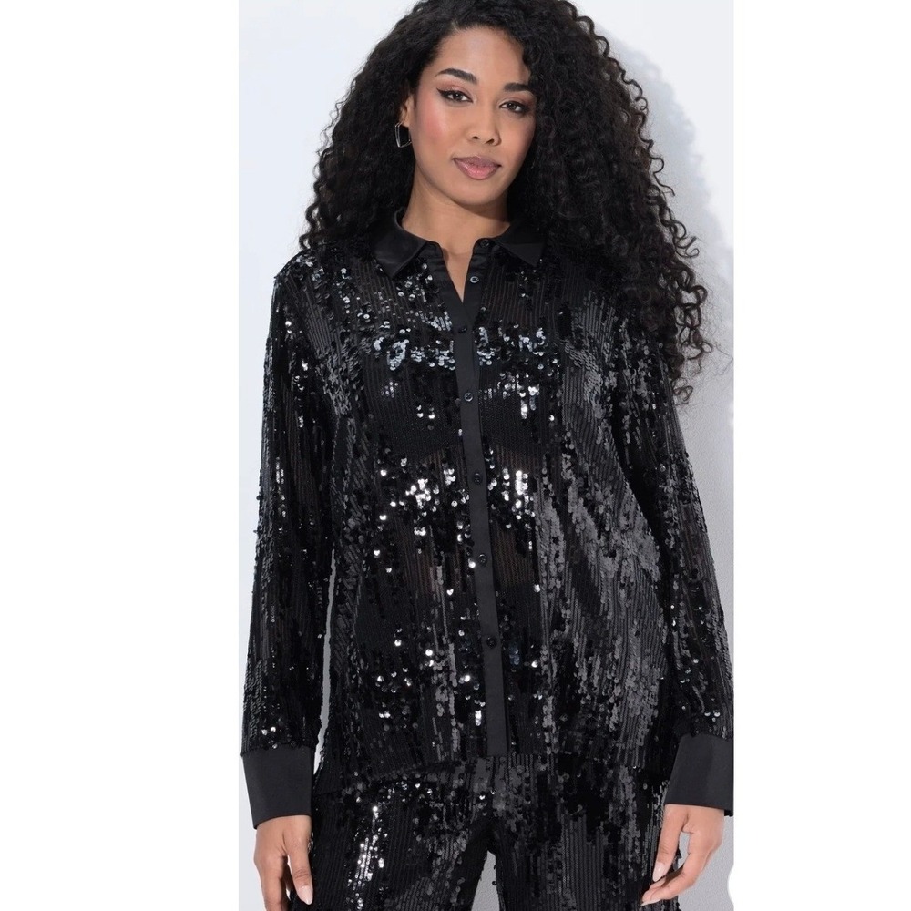 Ulla Popken NWTS Black Sequin Button Down Shirt Mesh Long Sleeve Blouse 12/14